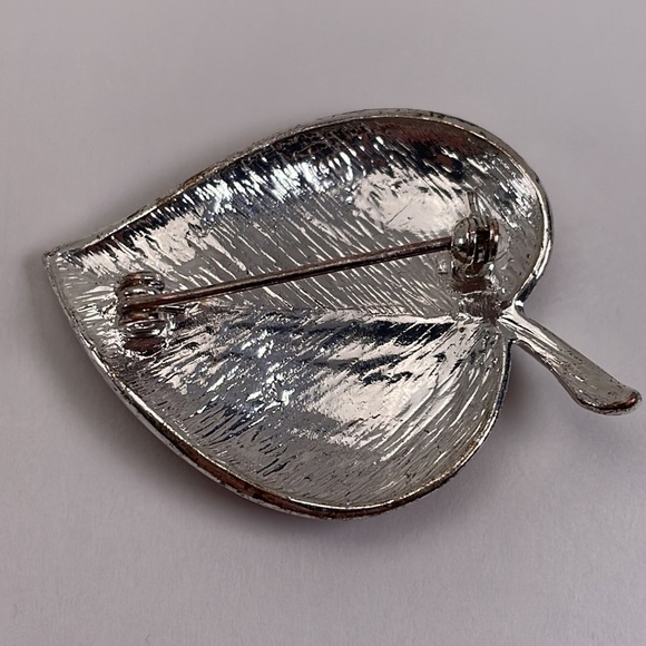 Leaf Brooch Orange Enamel Silver Tone - Picture 3 of 7